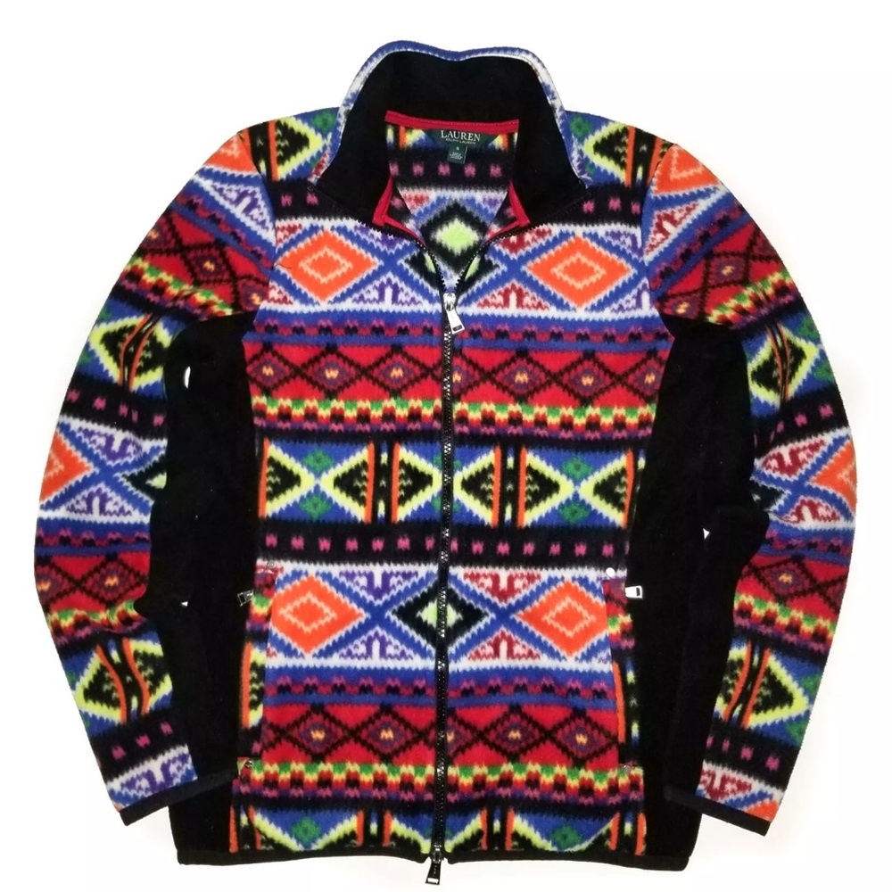 RALPH LAUREN Fleece Jacket Black Multi Aztec Southwest Full Zip EUC Womens Sz. M - Picture 4 of 9